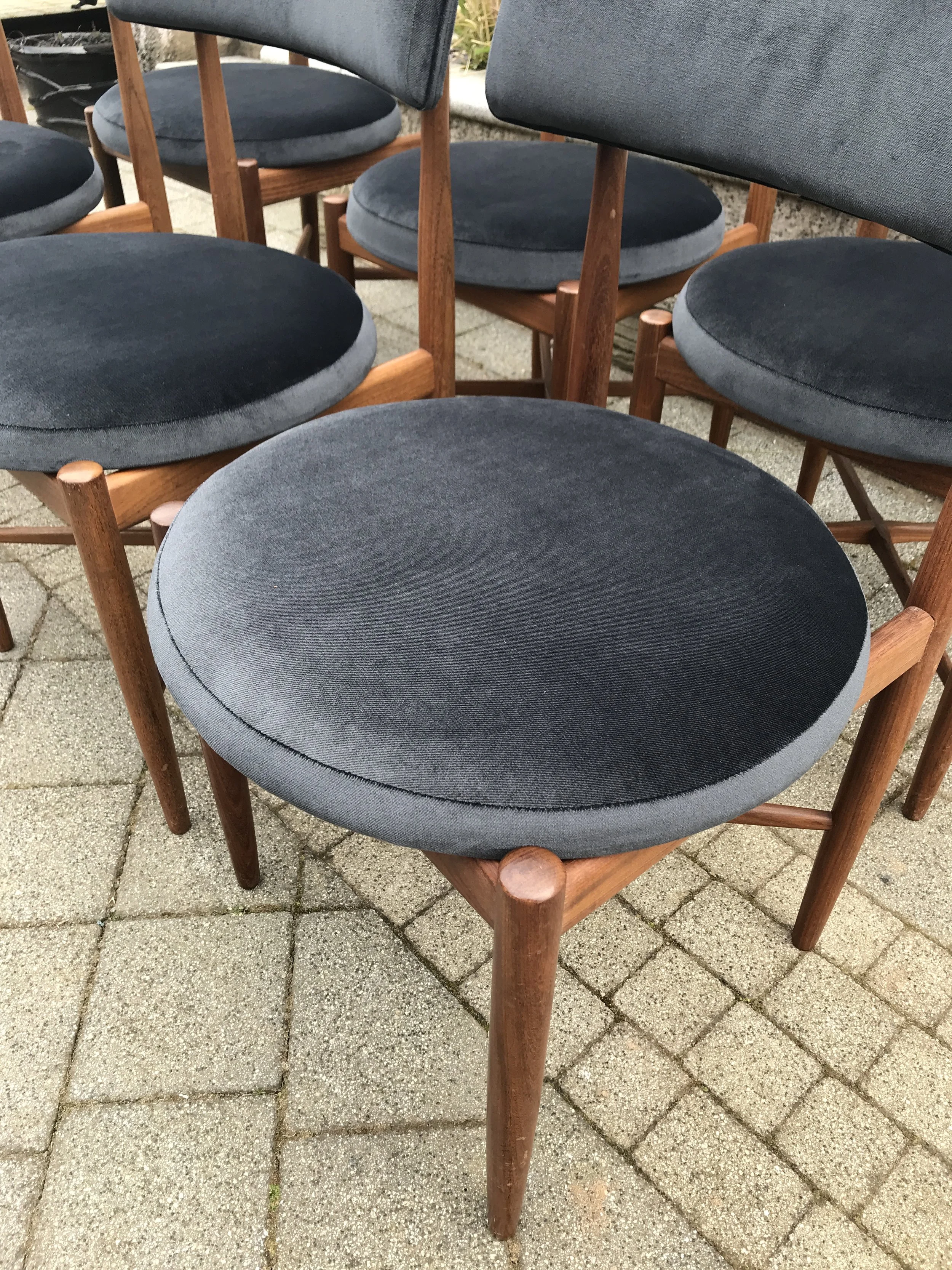 dining room chairs with dark grey velvet upholstered seats and wooden frames. vintage style dining room chairs reupholstered by Purple Heather Upholstery and Creations