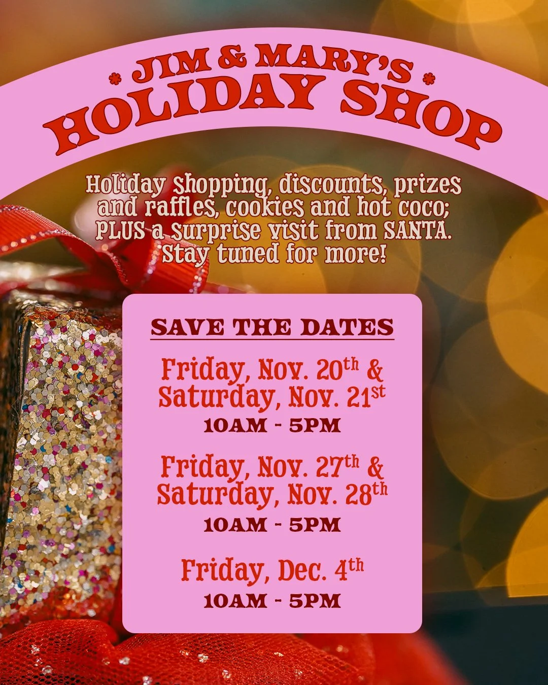 SAVE THE DATES! Join us for a lovely little holiday shop that the staff has curated (maybe a little too intensely)! There will be 5 days to shop in total, each day with some fun specials, which will be released in the coming weeks! 

Sorry for breaki