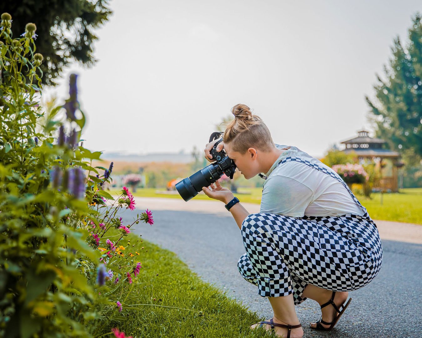 Sarah crouches down to flower level with her camera, taking photos of pink wildflowers in one of the many native flower beds throughout the park.
