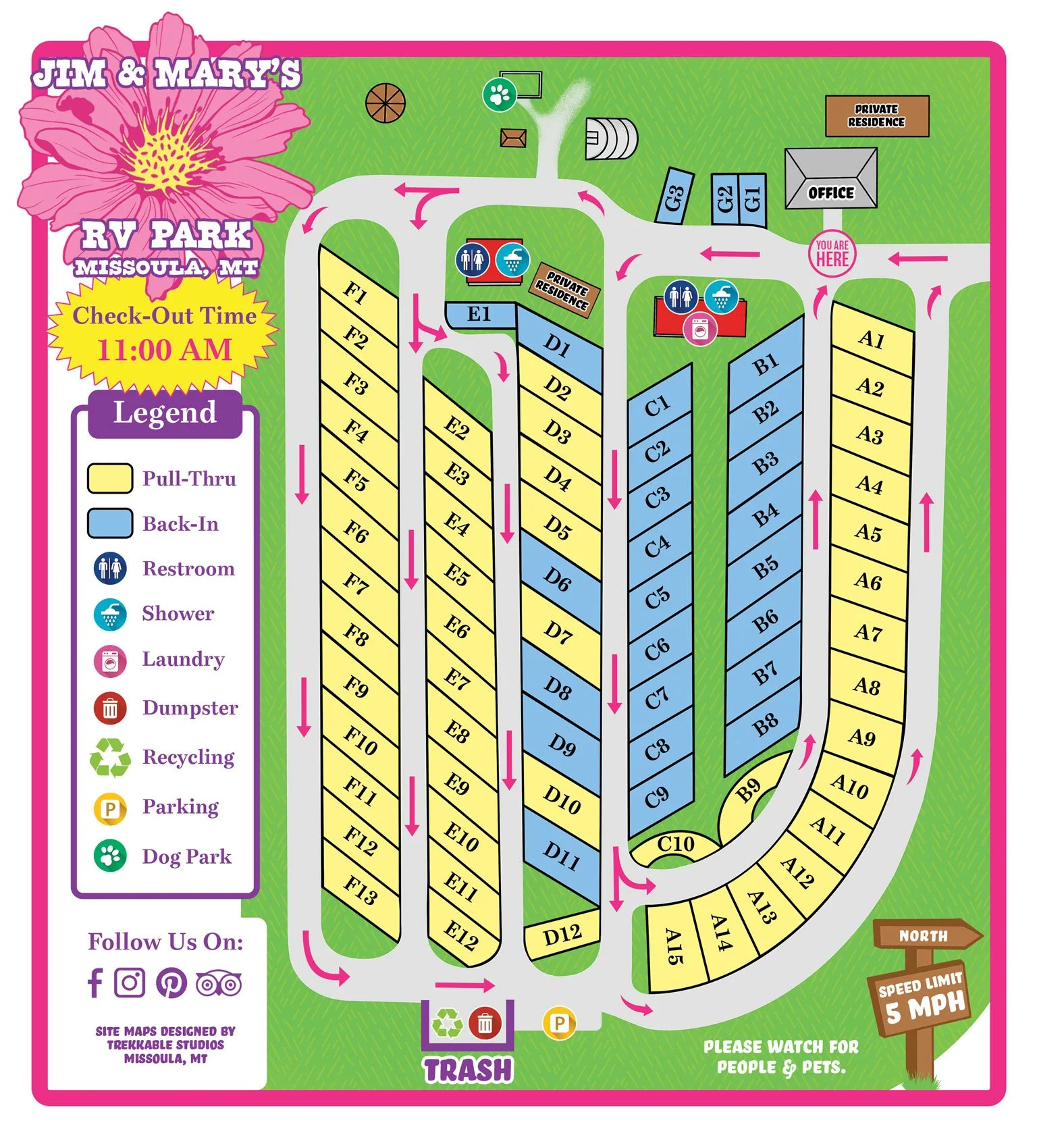 An illustrated map, designed by Trekkable Studios, shows the layout of Jim & Mary's RV Park, including location of the office, dog park, garbage and recycling, laundry and restrooms facilities.