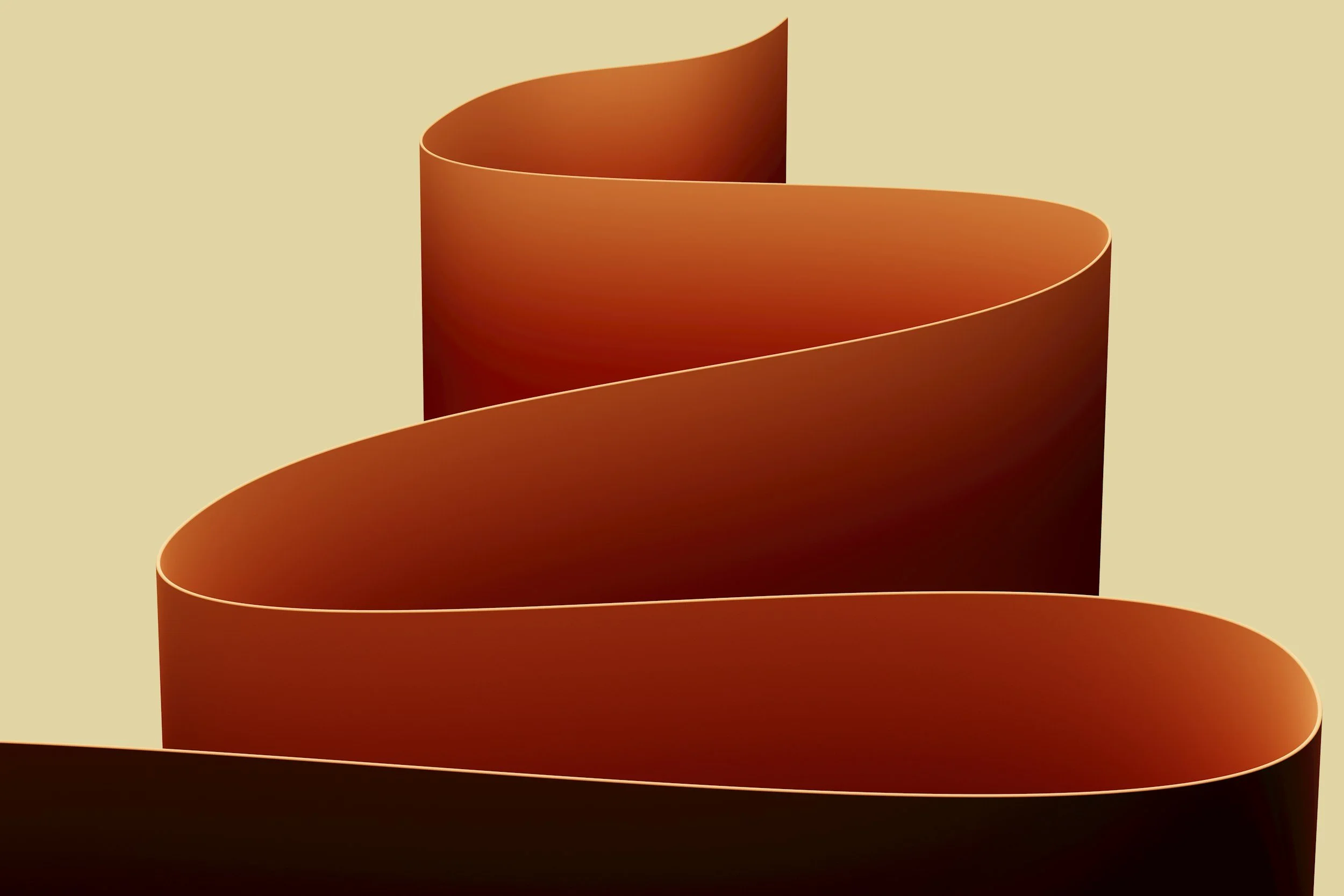A series of orange, curved, ribbon-like shapes layered vertically against a beige background.