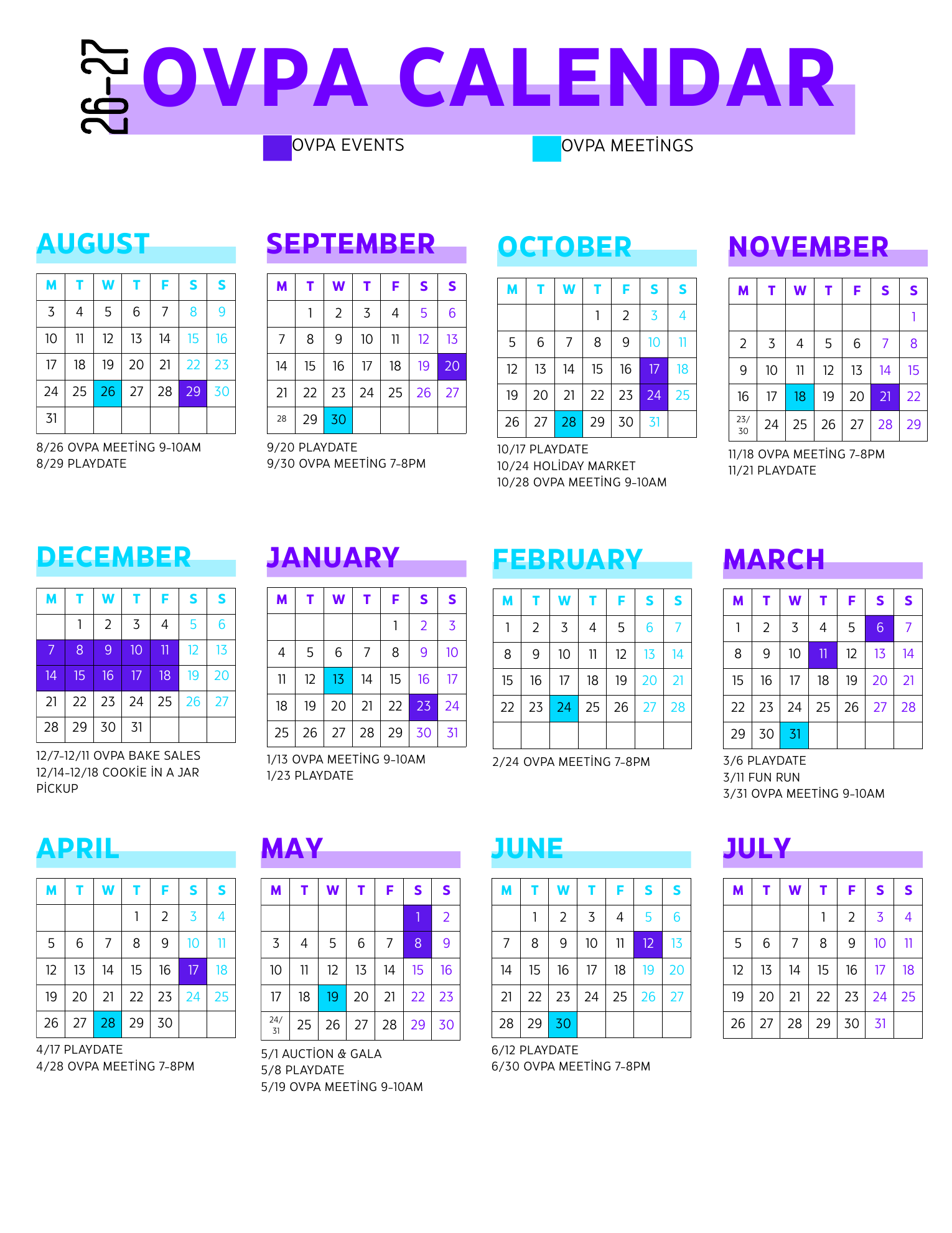 OVPA 2026-2027 events calendar with Parent Association events and monthly meetings from August 2026 through July 2027.