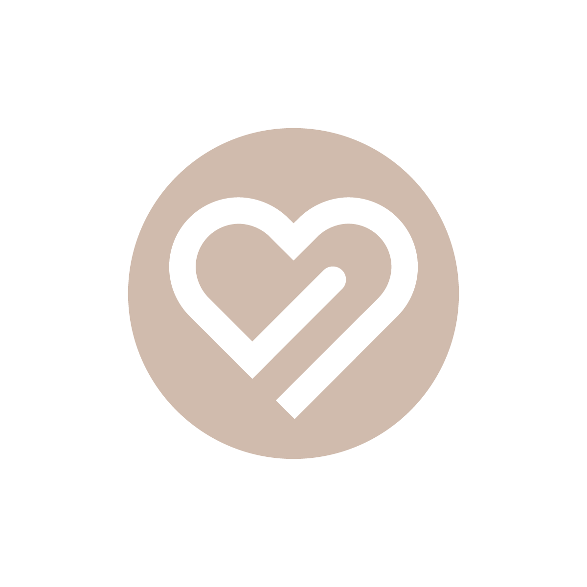 A logo with a black background, a beige circle, and a white heart formed by two overlapping lines in the center.