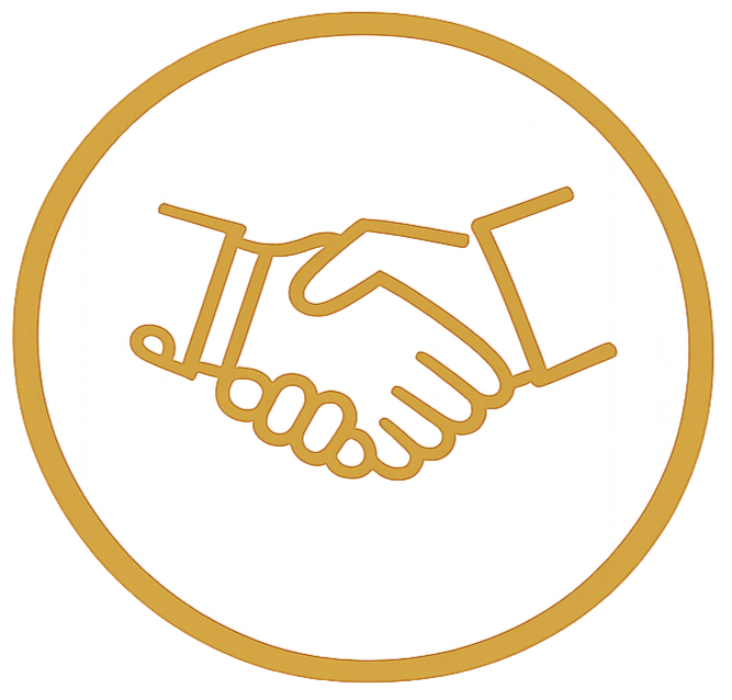 Gold outline of a handshake inside a gold circle