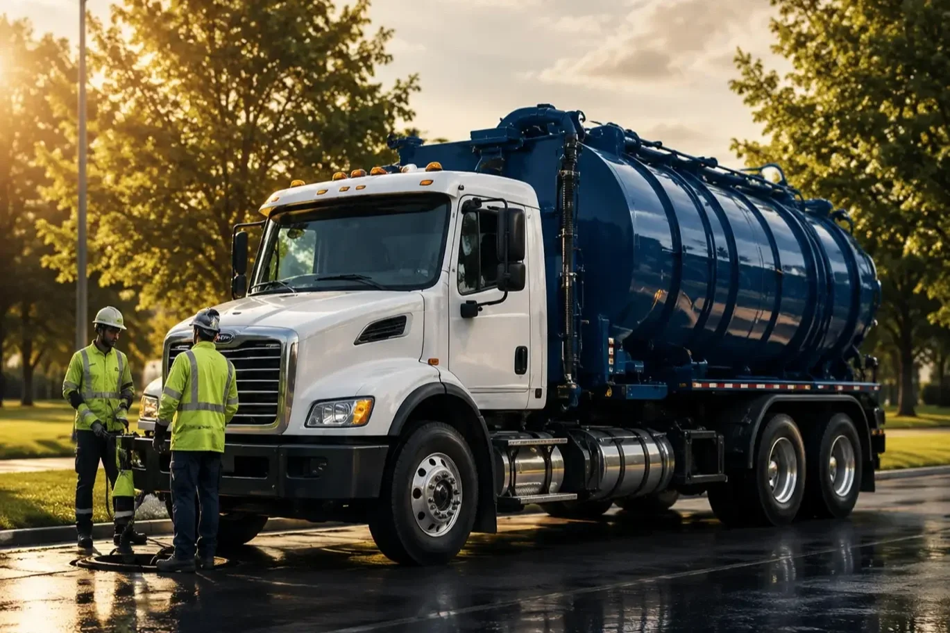 A wastewater or sewer cleaning truck is parked outdoors on a street, with three workers in safety gear discussing near it during sunset, leafless trees in the background.