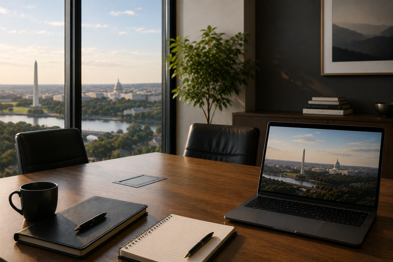 View of the Washington D.C. skyline with the Washington Monument and Capitol Building, seen from an office conference room with a laptop, notebooks, pens, and a coffee mug on a wooden table.