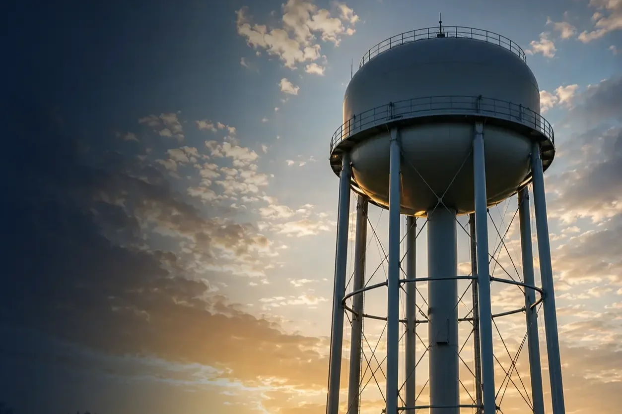 A tall water tower with a spherical tank on top and a safety railing, set against a partly cloudy sky at sunset.