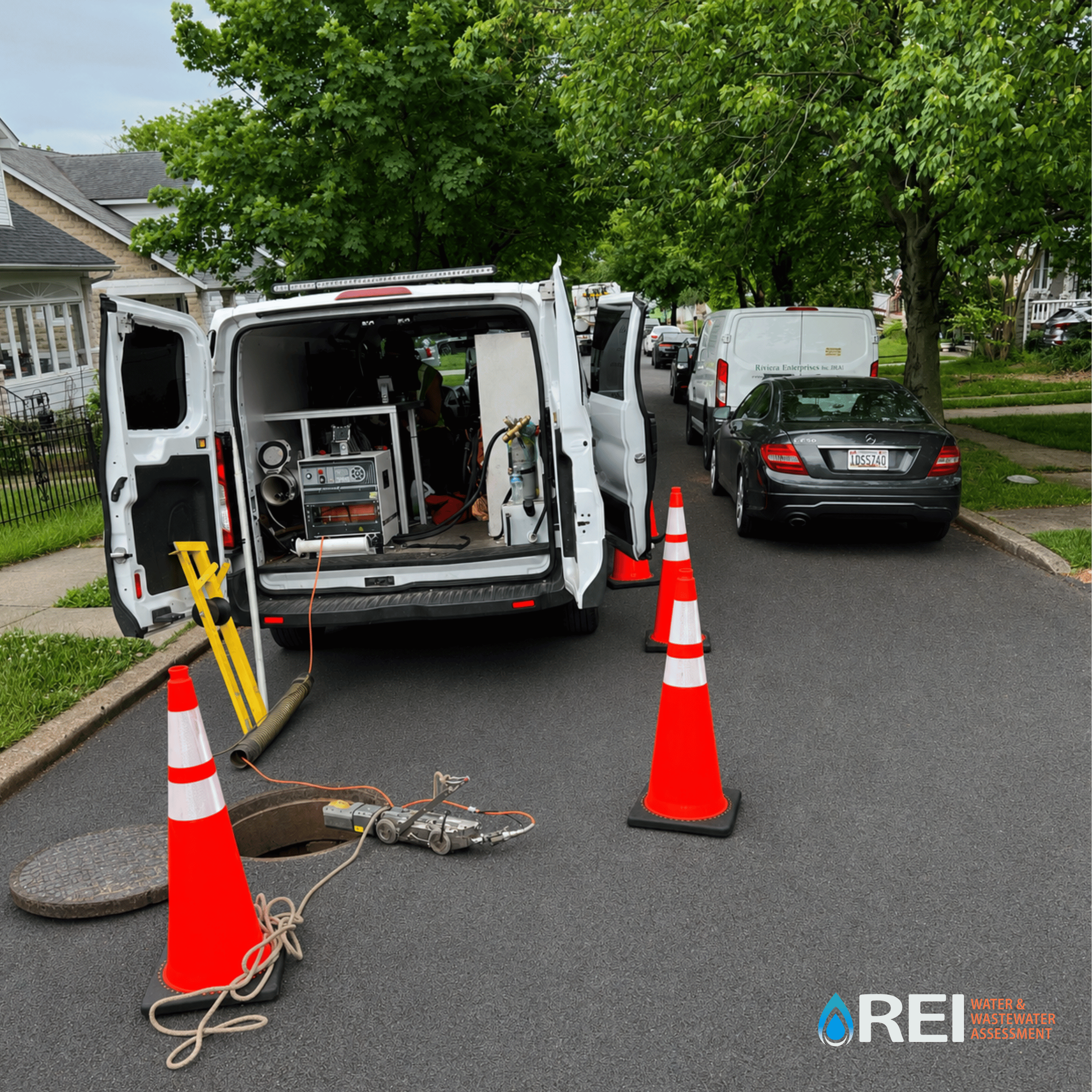 A street scene showing a white utility van with its rear doors open, revealing equipment inside, and orange traffic cones around it. There are several parked cars and large green trees, along with residential houses in the background. A sign with the logo and text for water and wastewater assessment is in the lower right corner.