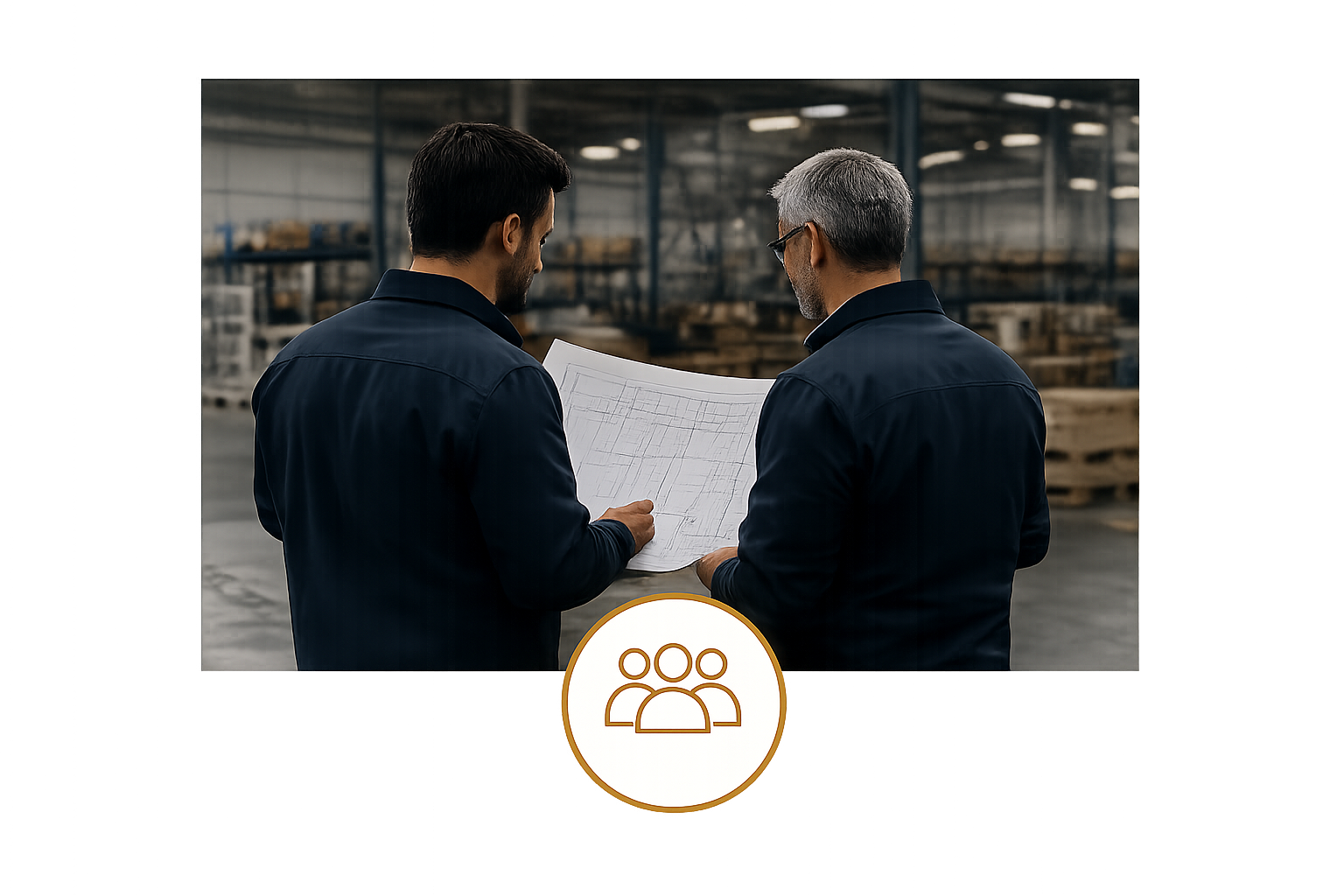 Two male workers in navy uniforms discussing a blueprint in a warehouse or factory setting.