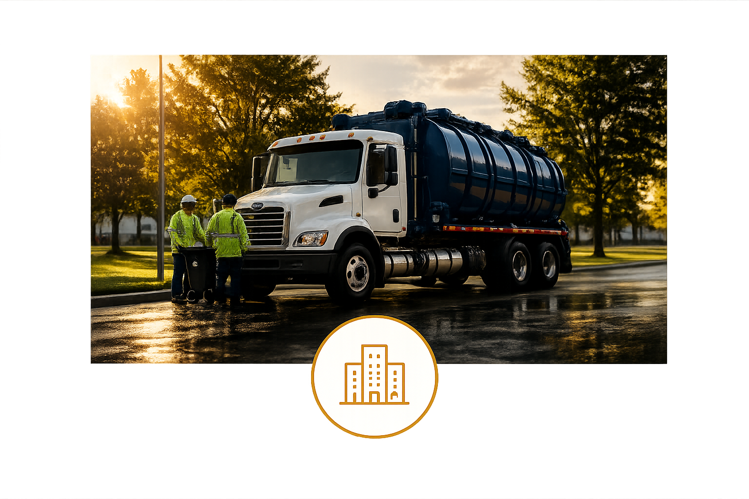 three workers wearing yellow safety vests and white helmets standing by a large white and blue tanker truck on a wet road at sunset, with trees in the background