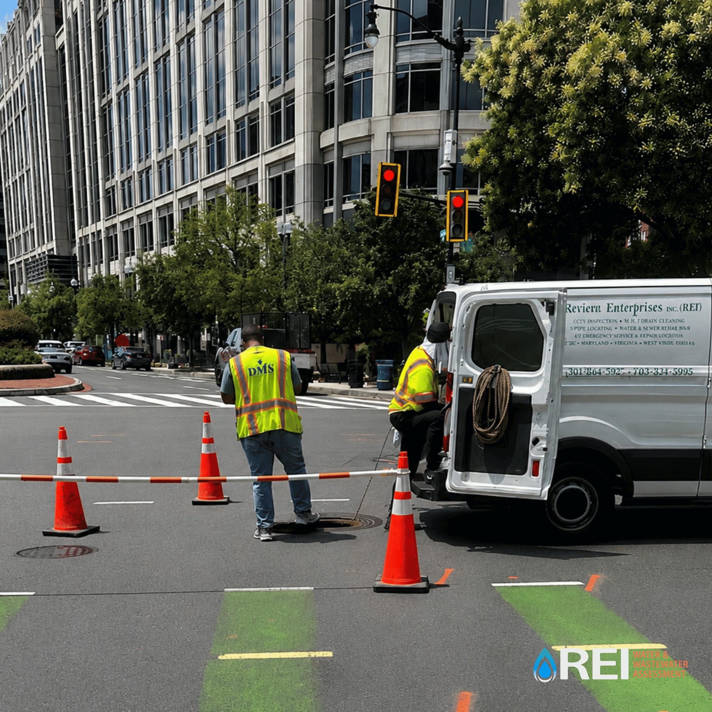 Workers in safety vests conducting water and wastewater assessment on city street, with orange traffic cones and survey markings on pavement, surrounded by tall office buildings and green trees.
