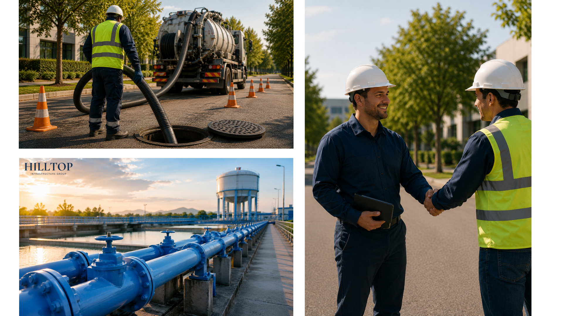 A collage of images showing infrastructure workers and facilities: a worker in a high-visibility vest and helmet operating a vacuum truck on a street, two people in hard hats shaking hands outdoors, and a water treatment plant or industrial facility with blue pipes and water tanks.
