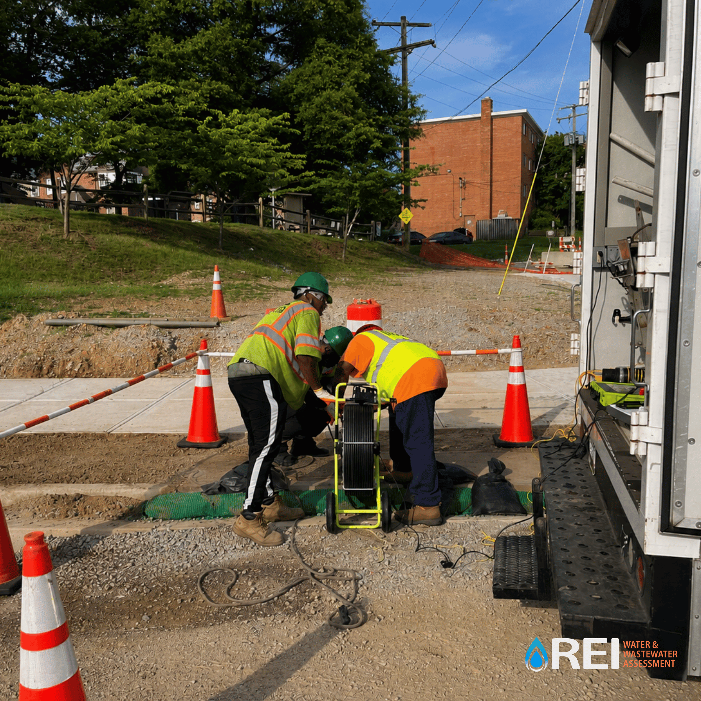Construction workers wearing high-visibility vests and helmets working near an open utility box on a gravel lot, with orange cones, trees, and red brick buildings in the background, and a sign for water and wastewater assessment.