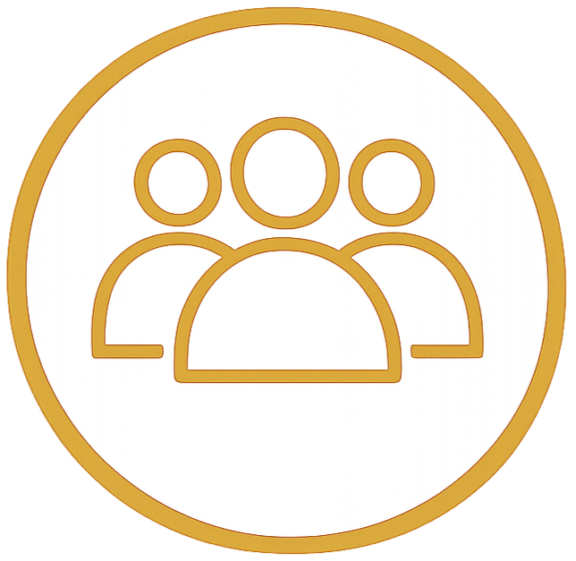 Icon of three people inside a circular border, representing a group or community.