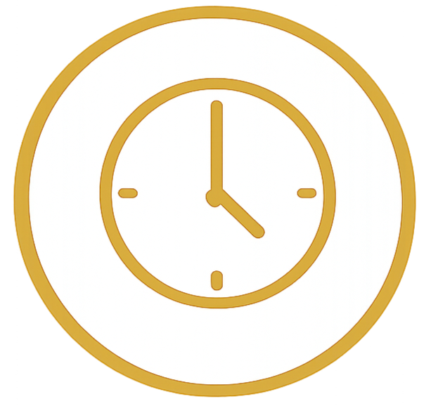 A round clock with a gold border, displaying the time as 3:00.