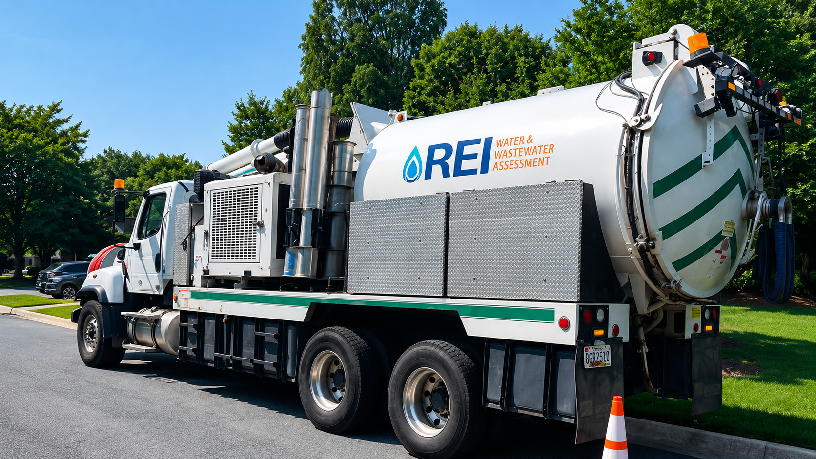 A water and wastewater assessment truck parked on a suburban street with green trees and a blue sky in the background.