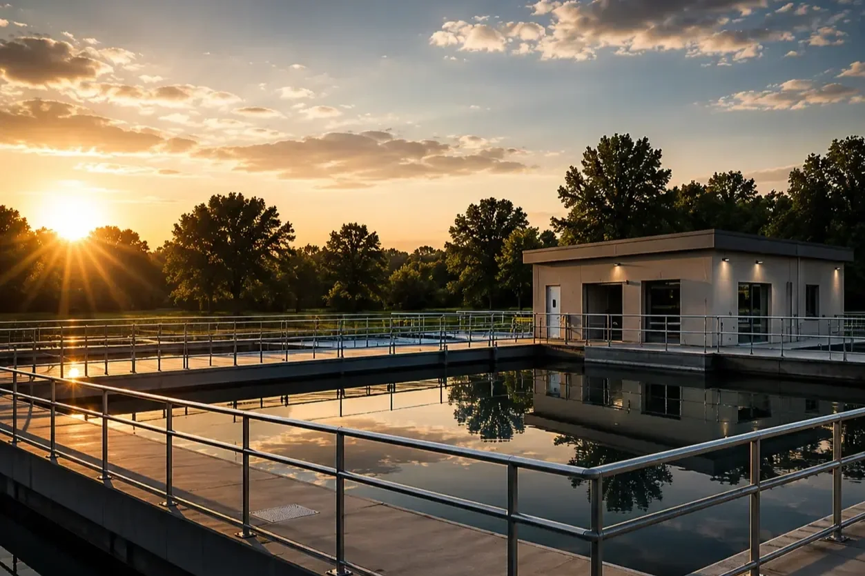 Water treatment plant with a reflective pool, surrounded by metal railings, a small building, and trees in the background during sunset.