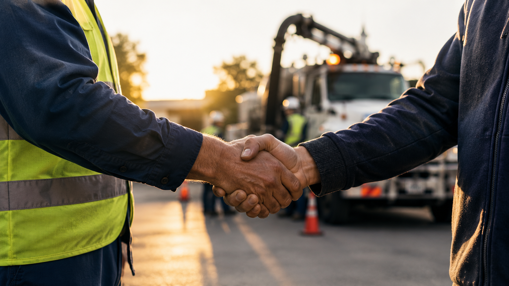 Two workers shaking hands at a construction site, with orange cones and a work truck in the background during sunset.