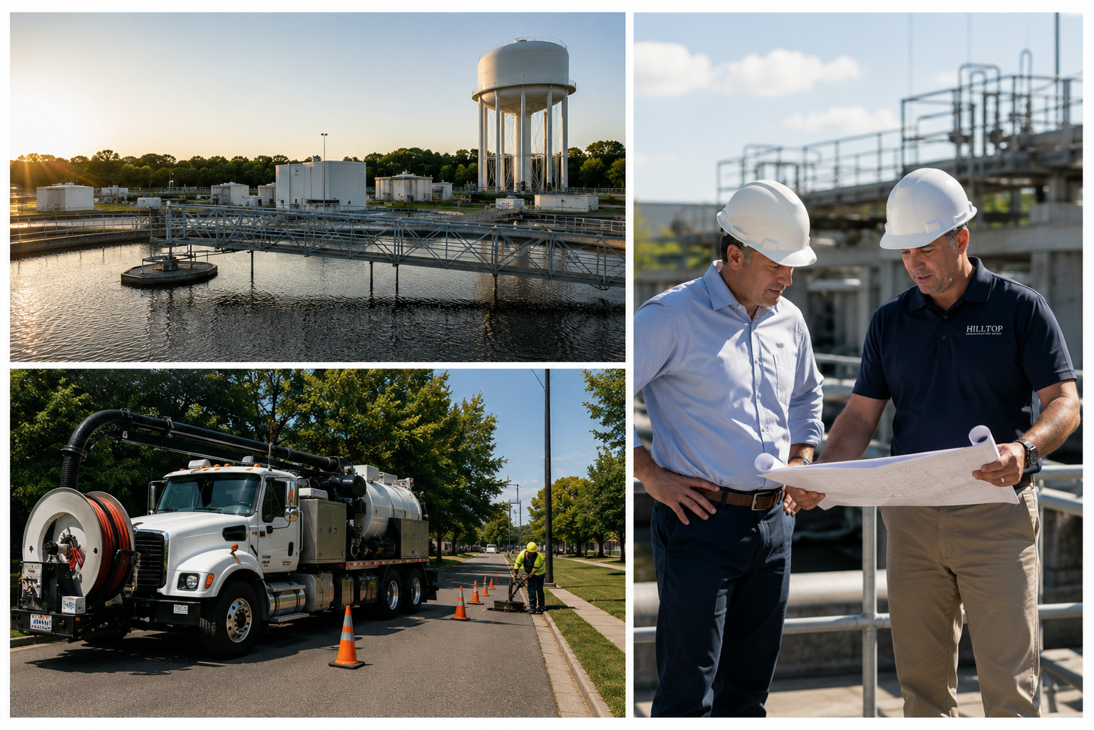 Industrial water treatment plant with large water tanks and infrastructure, workers inspecting a large pipe system with cones and a truck carrying machinery, two engineers reviewing plans outdoors at the facility.