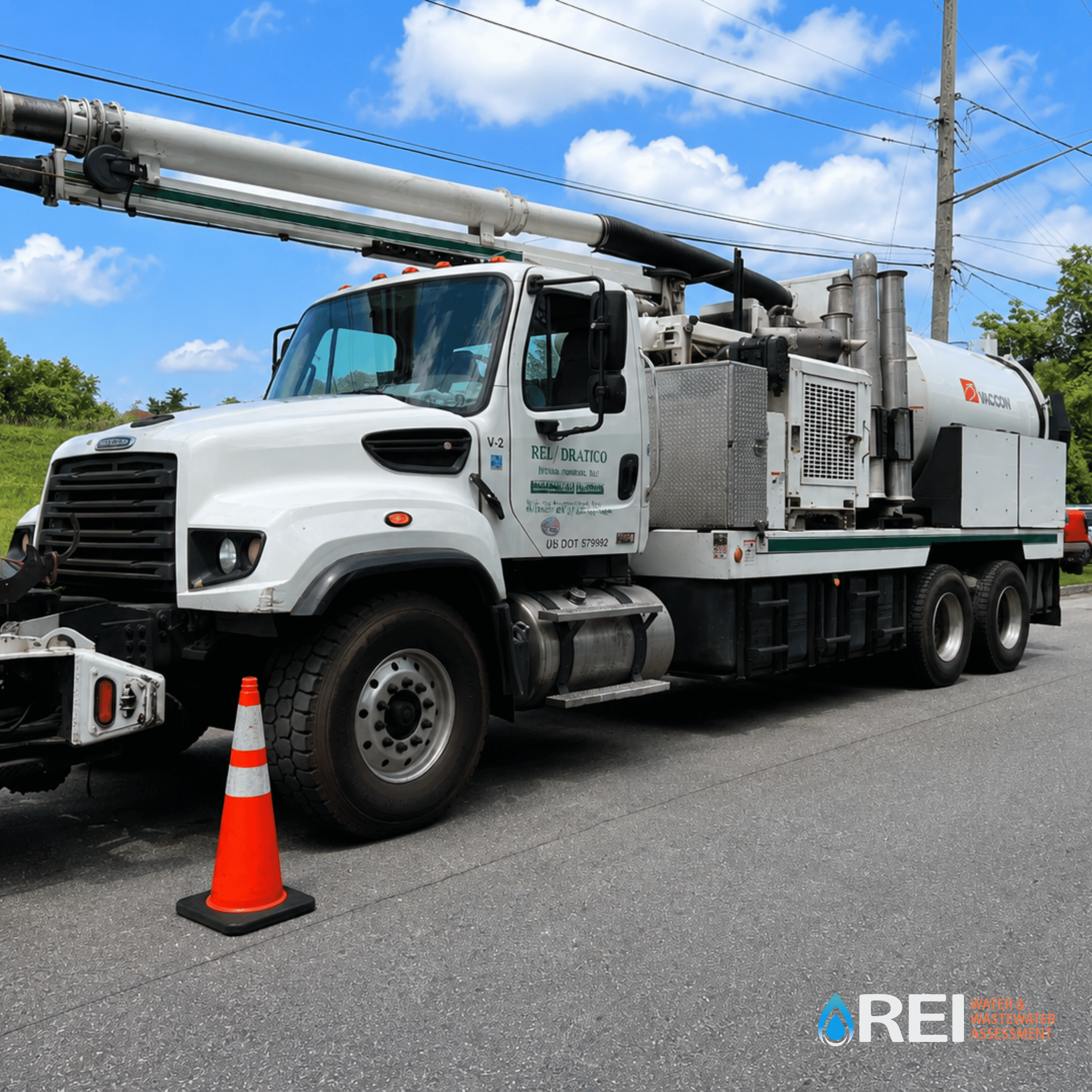 A white utility truck with an extendable arm, utility poles, and power lines against a bright blue sky with scattered clouds. Traffic cones are placed on the ground near the truck.