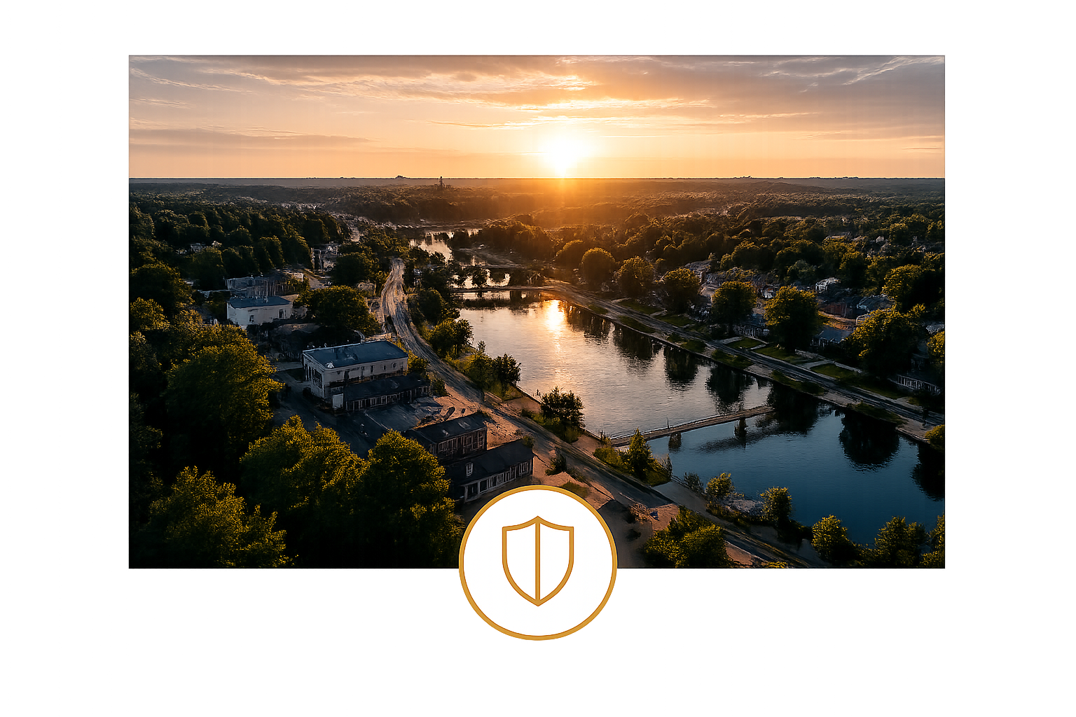 Sunset over a river with trees and houses along the banks.