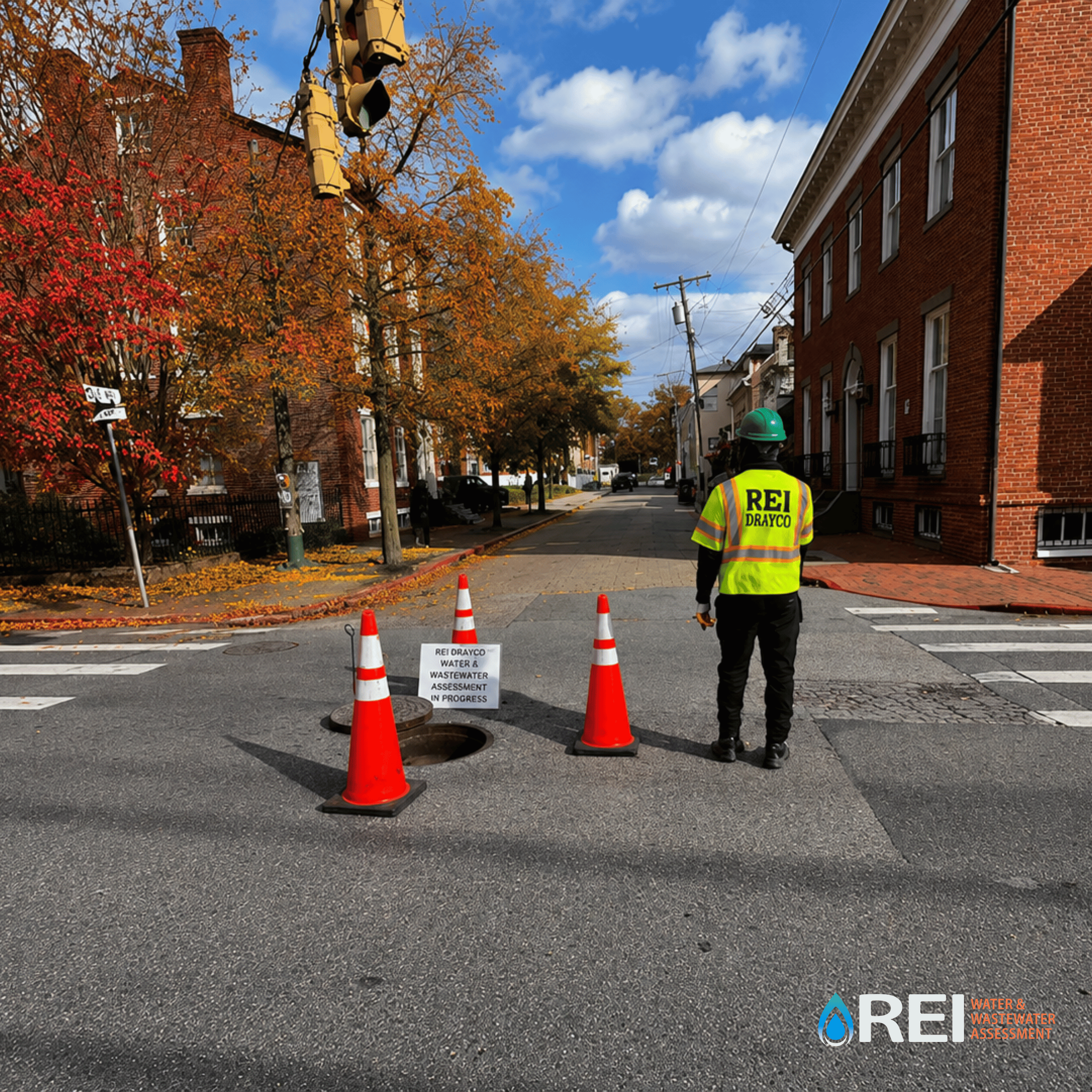 Street scene with trees showcasing fall foliage, a brick building, traffic lights, and a person in a high-visibility vest near a manhole cover, with a sign indicating water and wastewater assessment in progress.
