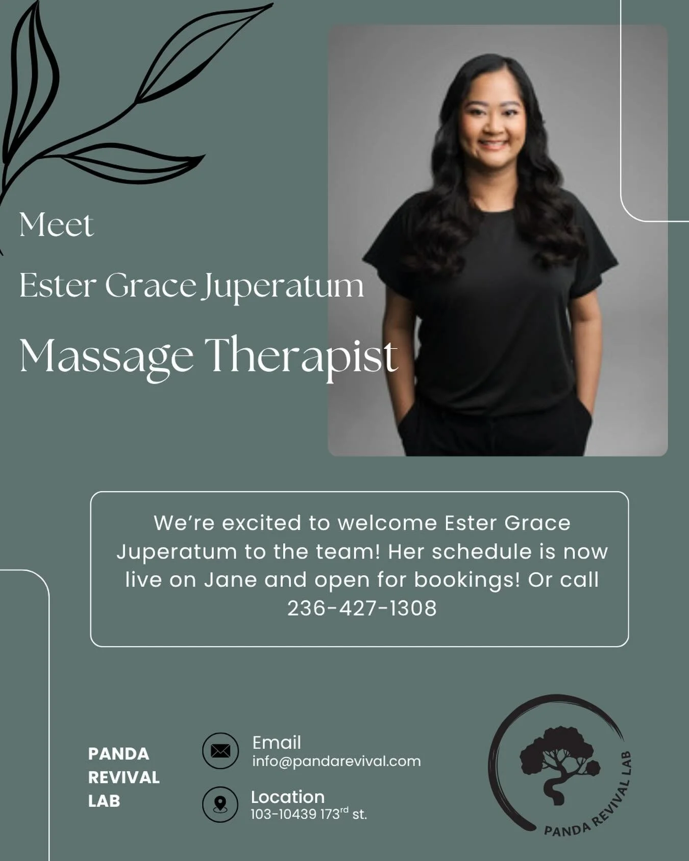 We&rsquo;re excited to officially welcome Ester Grace (E.G.) to the team at Panda Revival Lab! 🎉

E.G. is a Registered Massage Therapist who graduated from Langara College in 2023 and is registered with the CCHPBC. She brings a thoughtful, patient-c