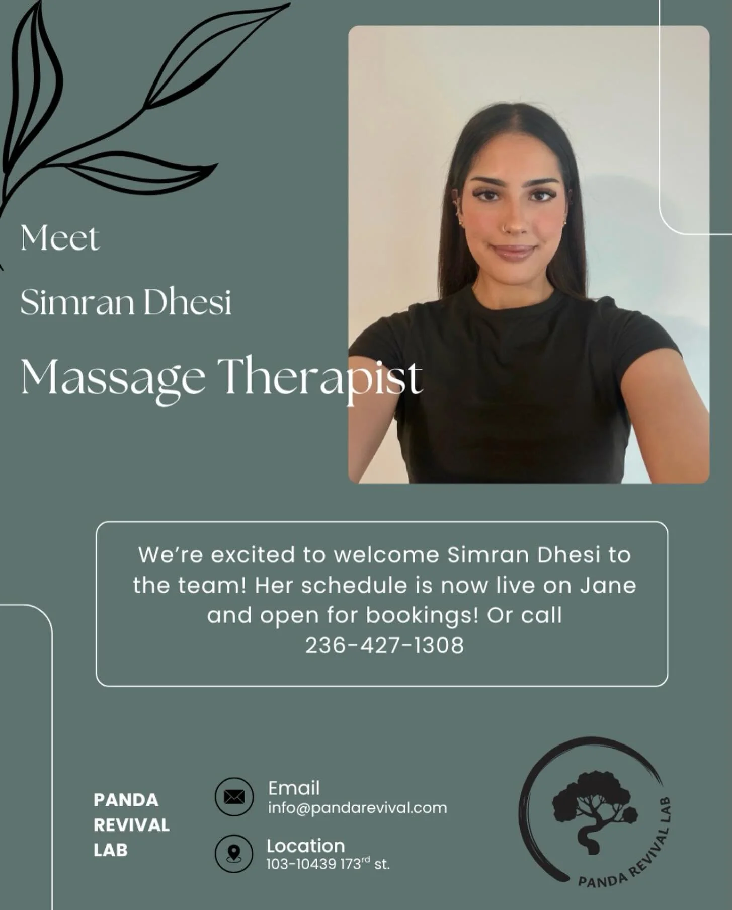 ✨ PLEASE JOIN US IN WELCOMING SIMRAN DHESI, RMT ✨

We are so excited to officially welcome Simran to the team at Panda Revival Lab!

Simran is a Registered Massage Therapist and is passionate about helping clients feel their best through personalized
