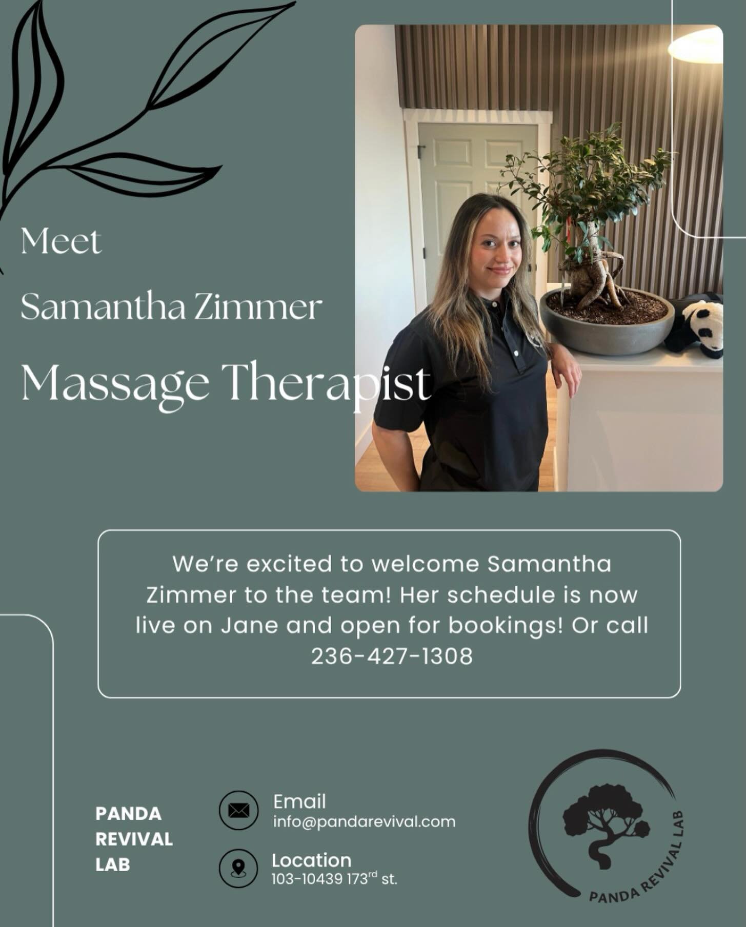 ✨ Please join us in welcoming Samantha Zimmer, RMT to the team at Panda Revival Lab! ✨

Samantha is a Registered Massage Therapist with a focus on deep tissue massage, myofascial release, and Swedish massage. With a strong passion for endurance train