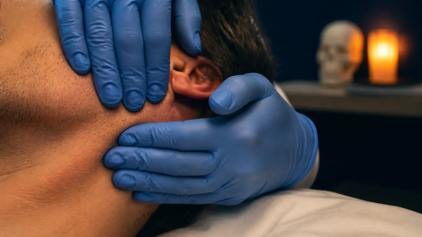 Therapist's gloved hands massaging the jaw muscles near the ear during a TMJ massage session