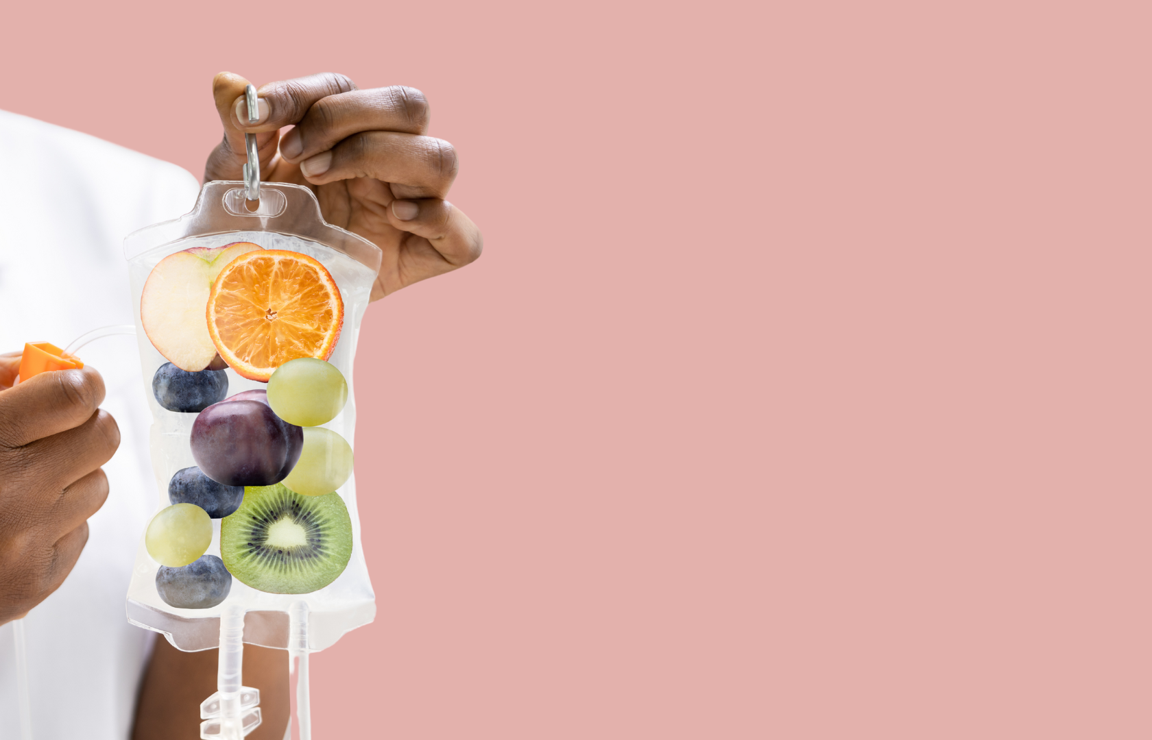 IV bag filled with fresh fruit representing vitamin IV hydration for mobile IV therapy at private events