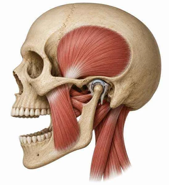 Illustration of the jaw and neck muscles, including the masseter and temporalis, that are treated in TMJ massage