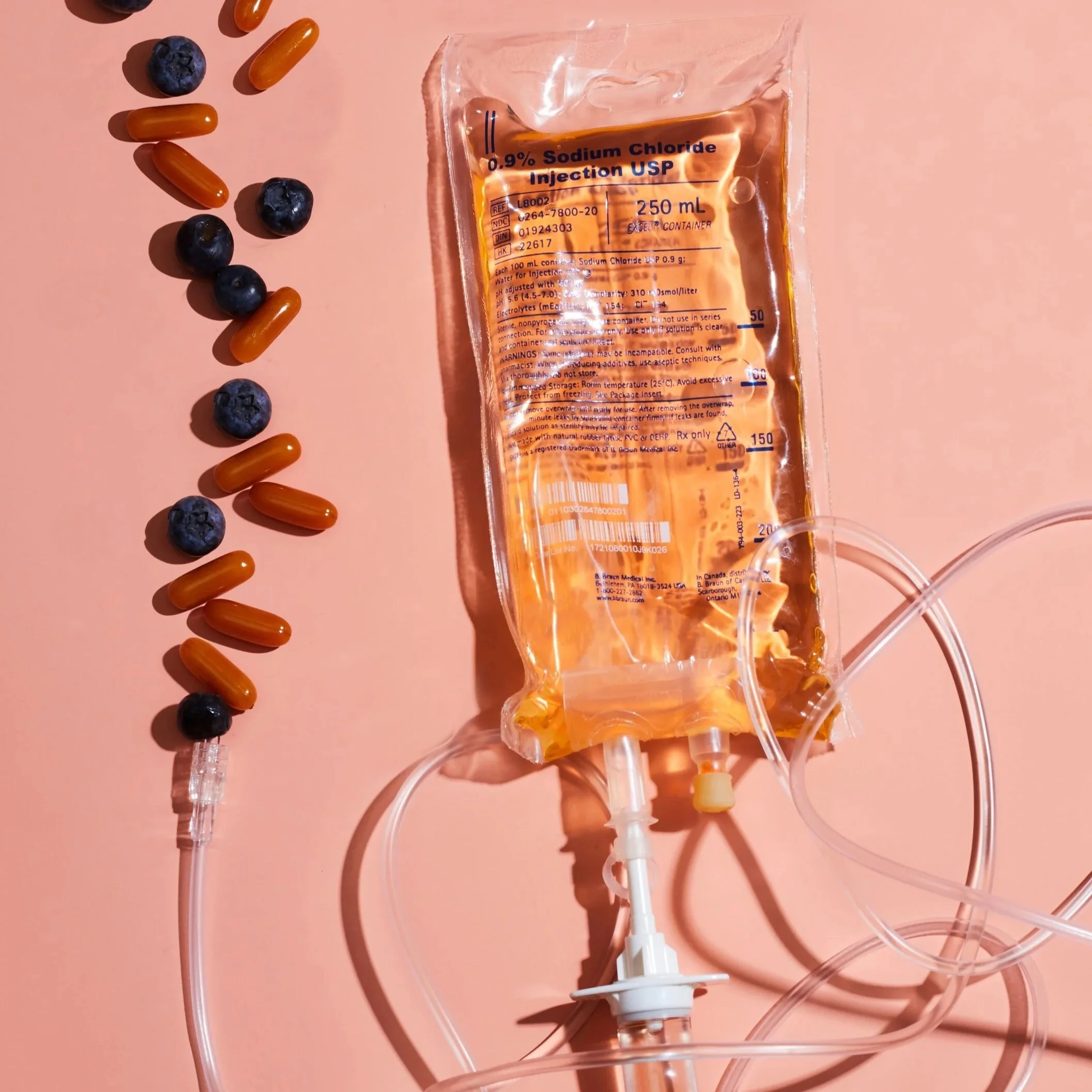 IV therapy bag with vitamin capsules for IV vitamin drips at Panda Revival Lab in Surrey