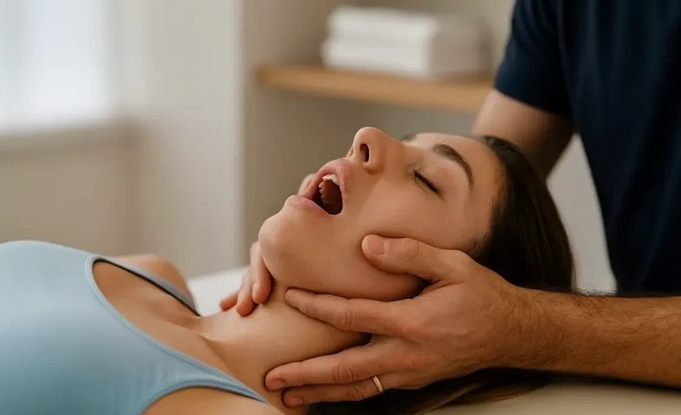 Registered massage therapist performing TMJ massage on a client's jaw and neck