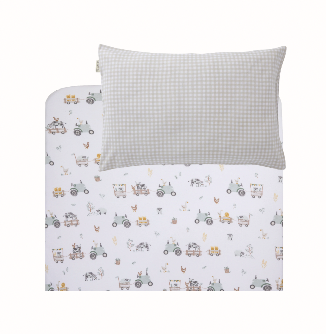 Organic Port-a-Cot Fitted Sheet & Pillowcase - Tractor Ride