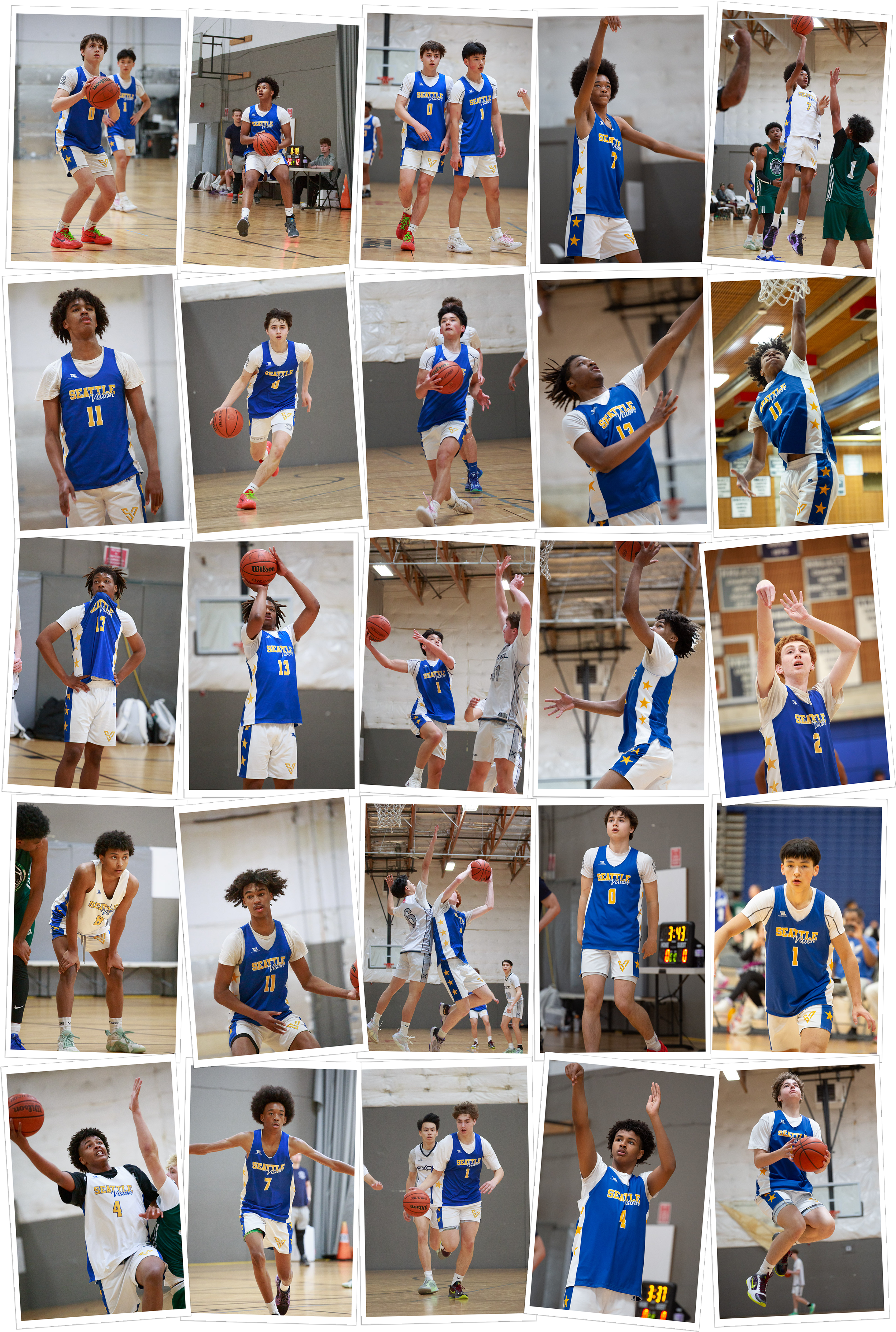 Young basketball players in blue and white jerseys playing and practicing in an indoor gym, performing various basketball actions such as shooting, dribbling, and jumping.