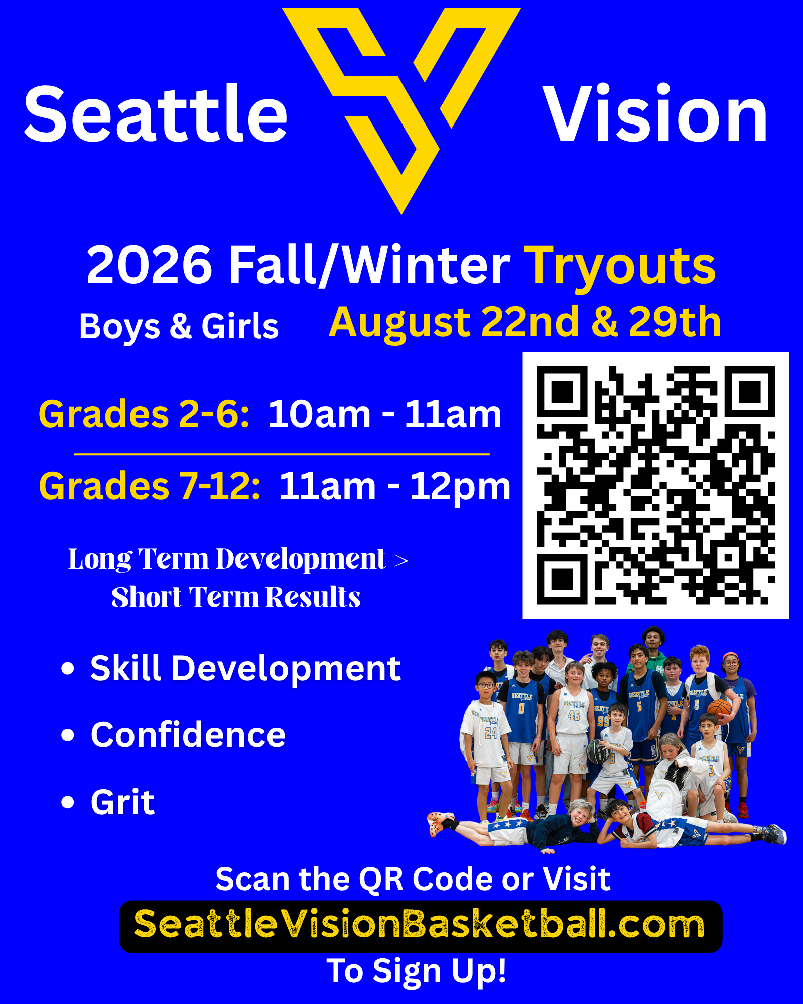 Blue poster with the Seattle Vision Basketball logo at the top and an image of diverse children in basketball uniforms at the bottom. Text on the poster announces 2026 fall/winter tryouts for boys and girls on August 22nd and 29th, with different times for grades 2-6 and 7-12. It mentions skill development, confidence, grit, and features a QR code and website for sign-up.