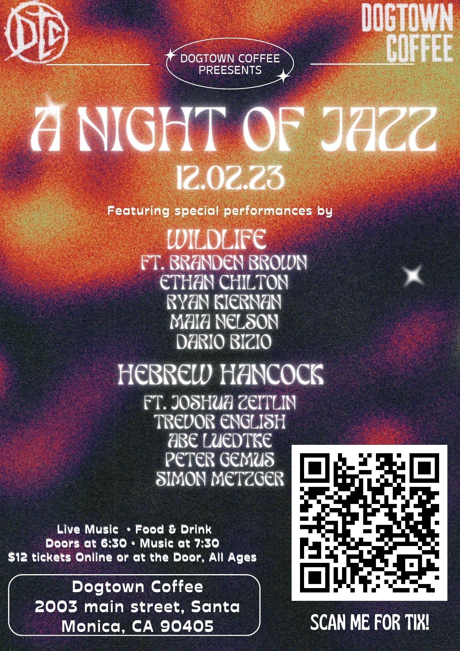 Event poster for 'A Night of Jazz' on December 2, 2023, presented by Dogtown Coffee, featuring performances by Wildlife with Branden Brown, Ethan Chilton, Ryan Siemmen, Maureen Nelson, Dario Rizio, Hebrew Hancocks with Joshua Zetlin, Trevor English, 