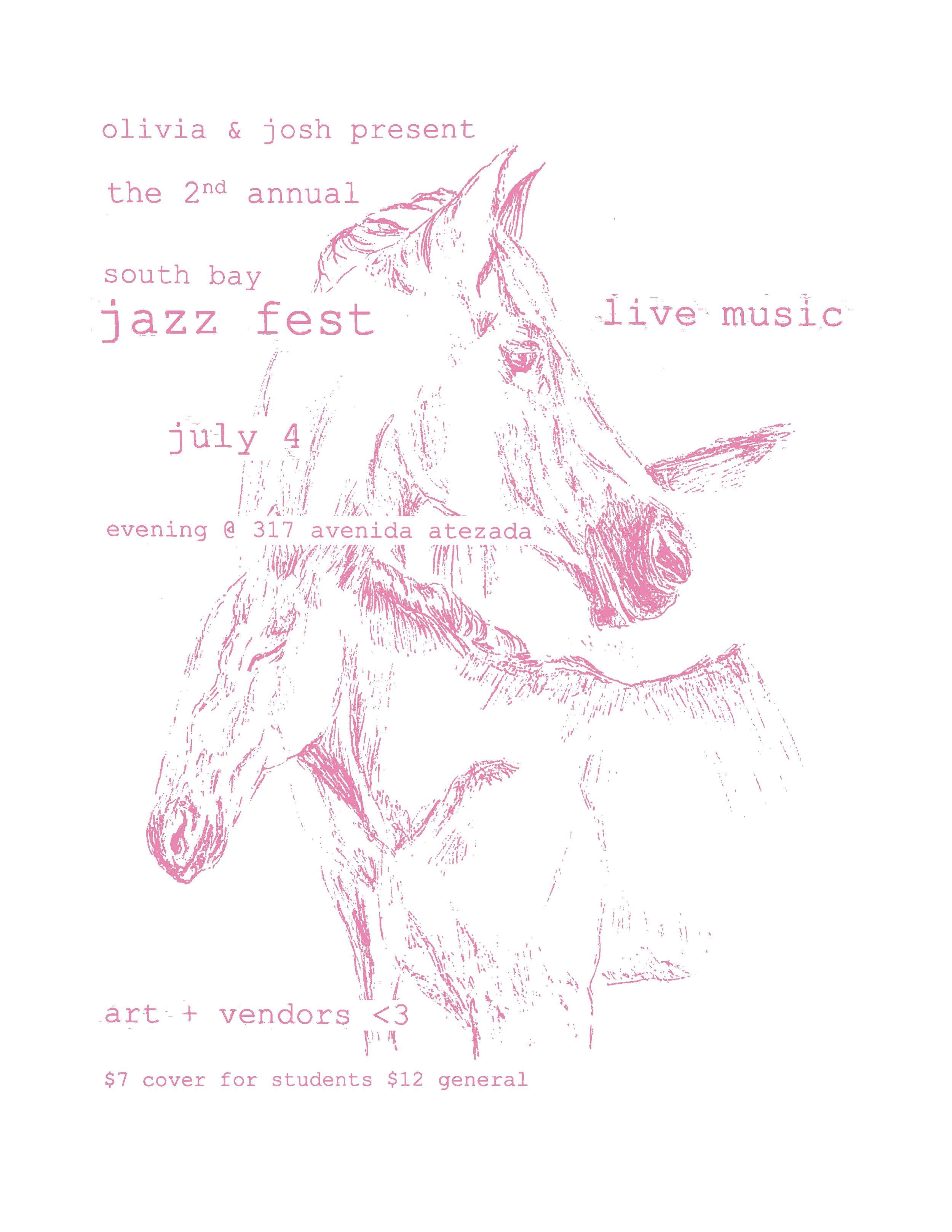 Light pink line drawing of a unicorn's head and neck with text overlay promoting a jazz fest event, including details about date, location, live music, and ticket prices.