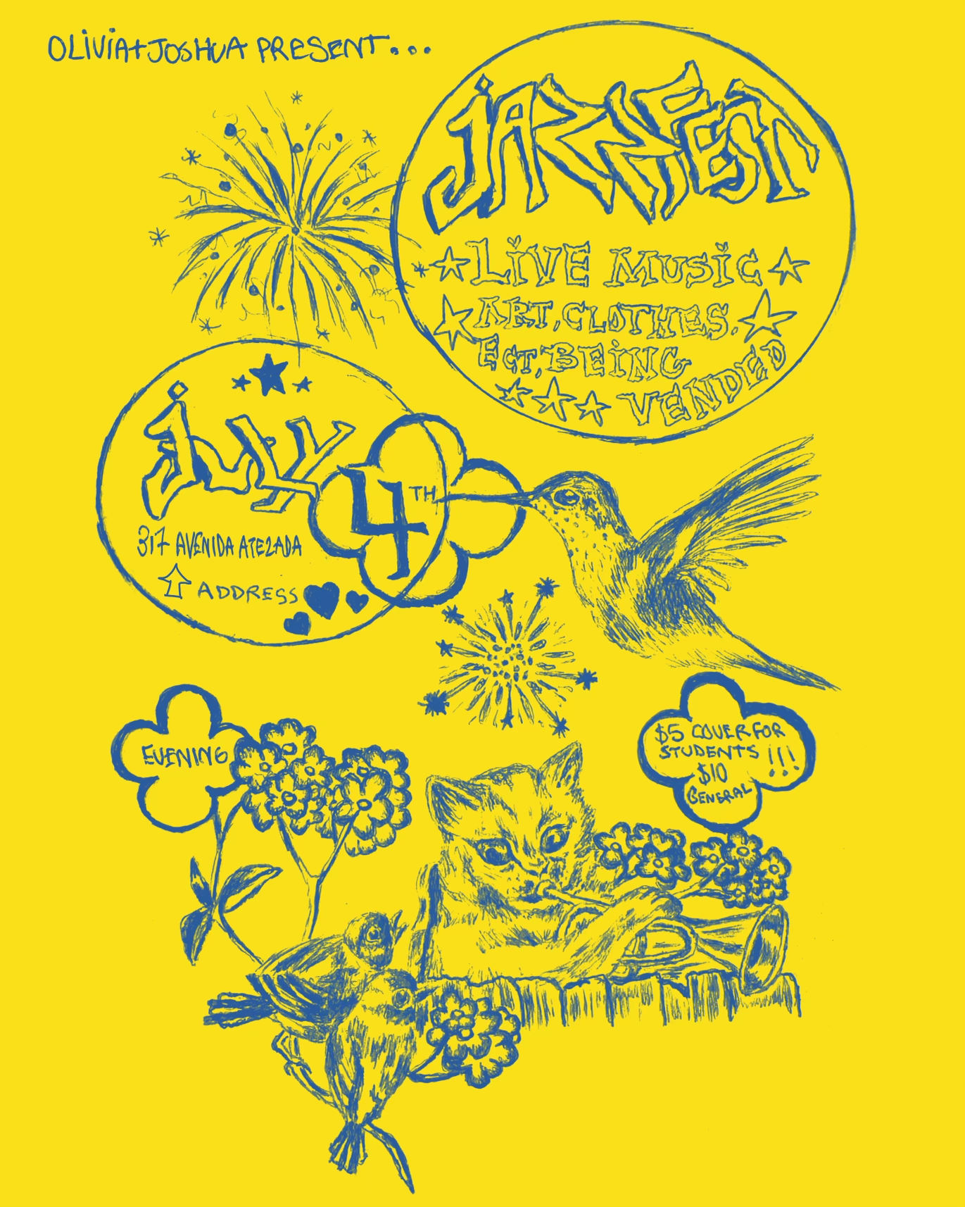 Yellow poster with blue handwritten drawings and text promoting an event featuring live music, art, clothes, and being sold. It includes a large decorative circle with the word 'JAREEST' and the words 'LIVE MUSIC ART CLOTHES ETC. BEING SOLD' inside. 