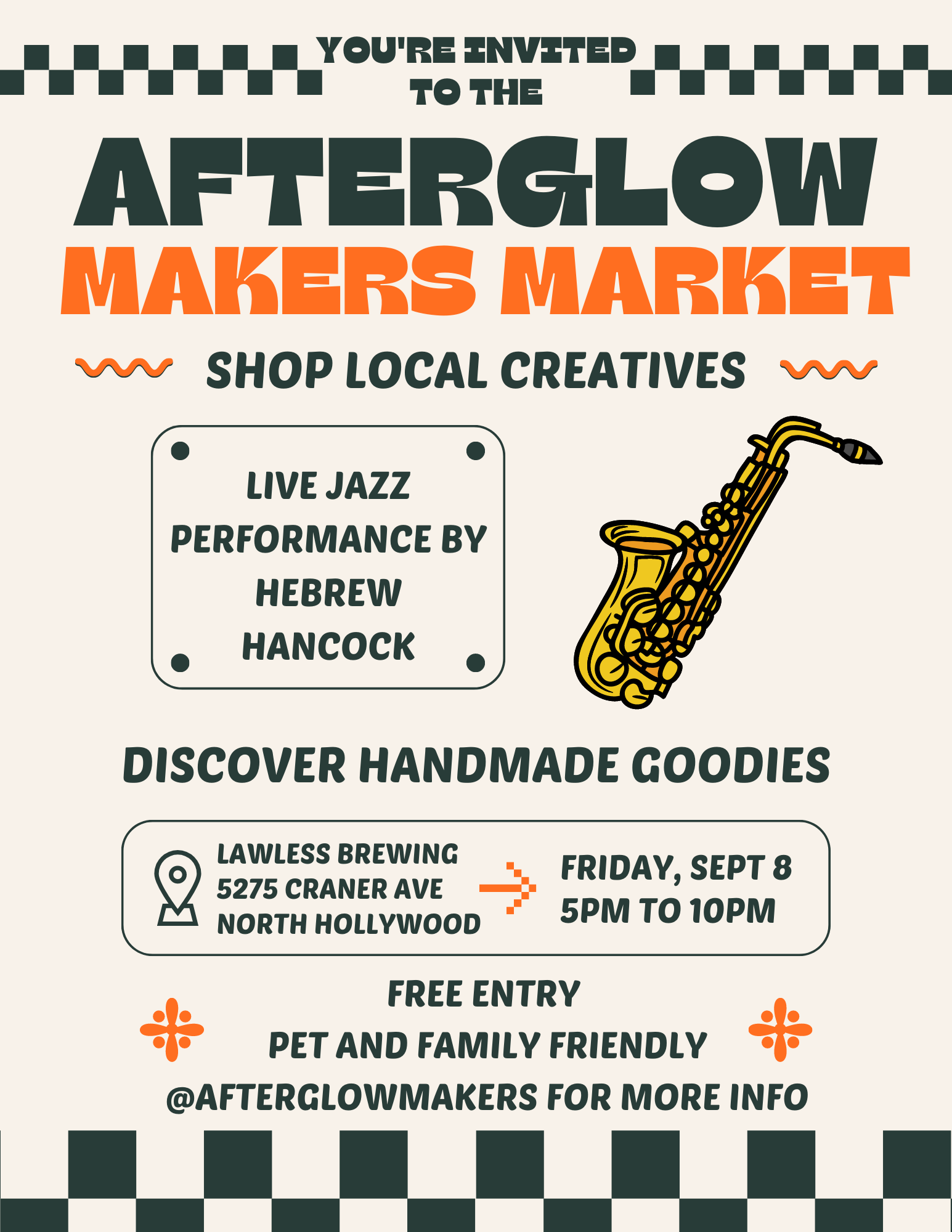 Event flyer for Afterglow Makers Market featuring live jazz performances by Hebrew Hancock, with details about the location at Lawless Brewing, 5275 Cramer Ave, North Hollywood, on Friday, September 8, from 5 PM to 10 PM. The flyer promotes discoveri