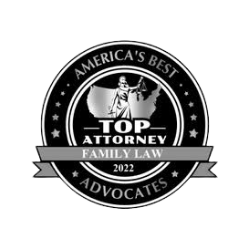 A circular black and white seal with the text 'America's Best,' 'Top Attorney,' 'Family Law,' 'Advocates,' and the year 2022. It features a woman with scales of justice.