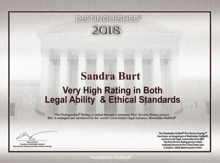 Certificate of distinction awarded in 2018 to Sandra Burt for high rating in legal ability and ethical standards, featuring an image of a classical building with columns.