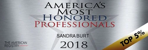 Certificate titled 'America's Most Honored Professionals 2018' awarded to Sandra Burt, with a gold banner in the bottom right corner stating 'Top 5%.'