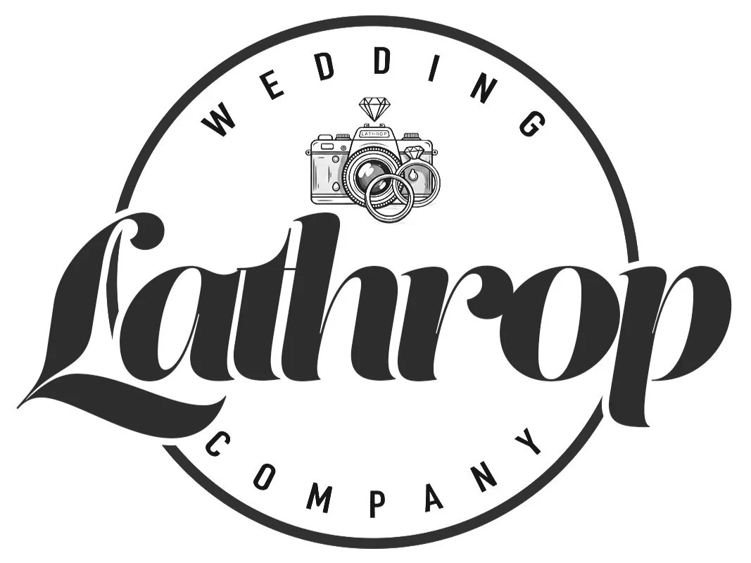 Logo for Lahrup Wedding Company featuring a camera, wedding rings, and a diamond, with the words 'Wedding' and 'Company' encircling the brand name 'Lahrup'.