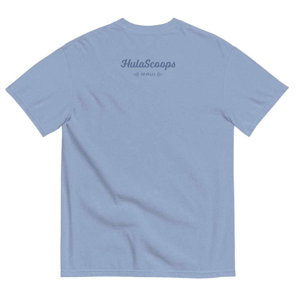 The back of a denim blue short sleeve t-shirt printed with the HulaScoops logotype and “Maui” at a discrete size between the shoulder blades in a darker blue type.