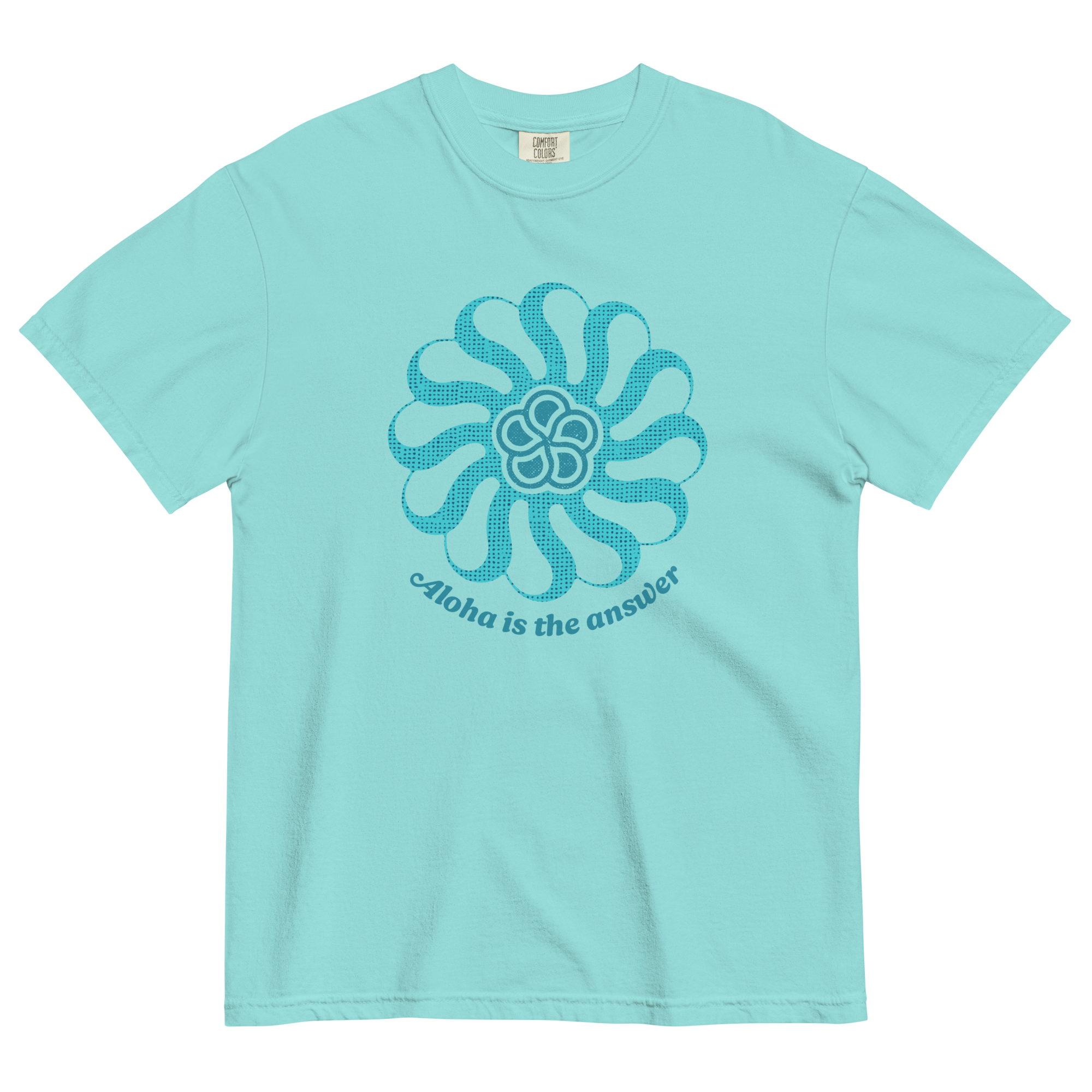The front of a HulaScoops t-shirt in lagoon blue printed with the text "Aloha is the Answer" set in curved type below an abstract flower graphic with the logo mark in the center.