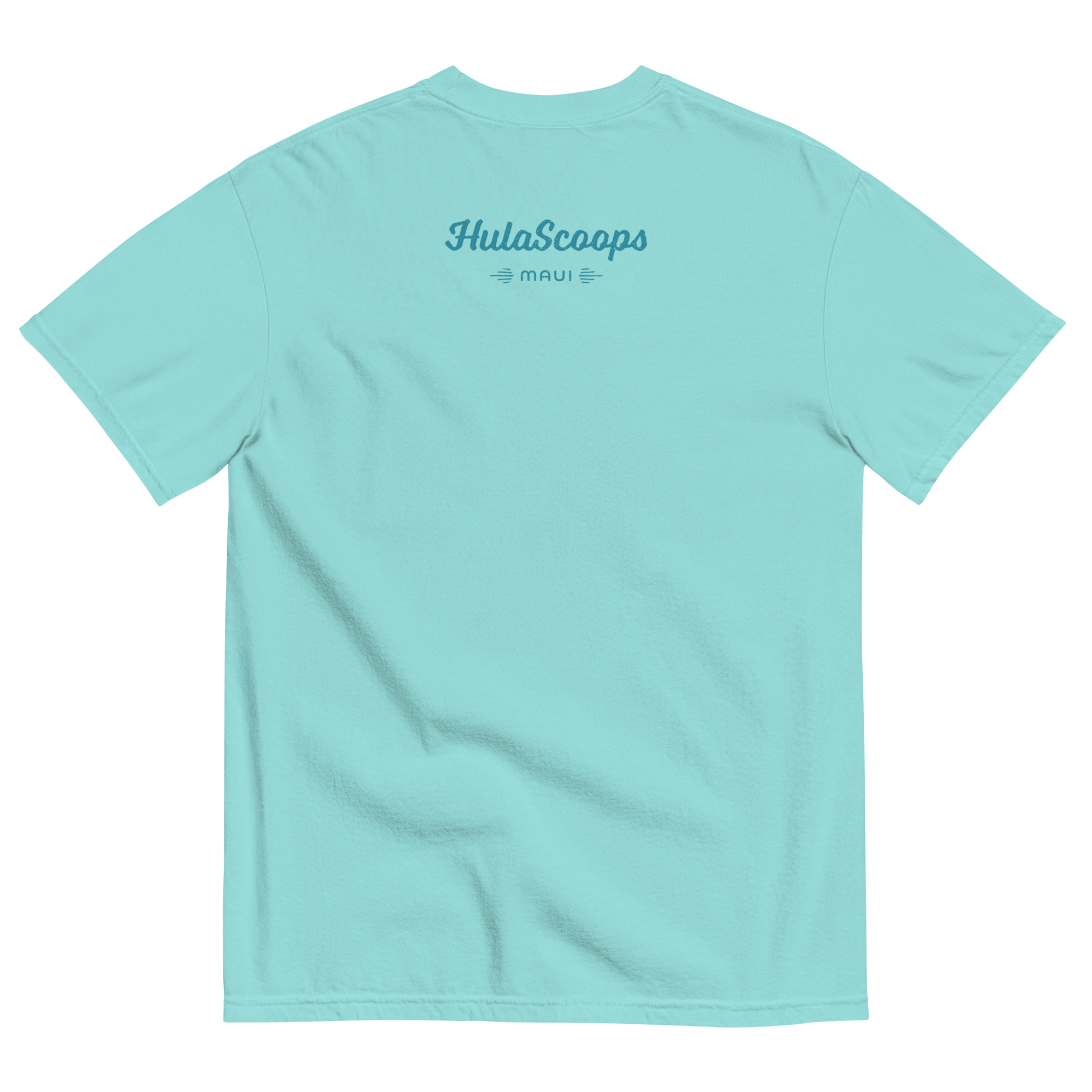 The back of a t-shirt in lagoon blue fabric printed with the HulaScoops logotype and "Maui".