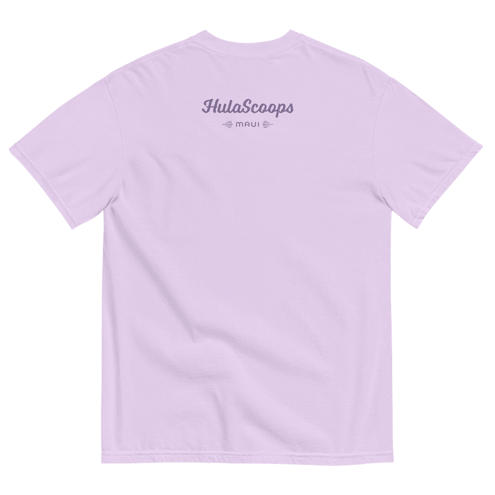 The back of a lilac purple short sleeve t-shirt printed with the HulaScoops logotype and “Maui” at a discrete size between the shoulder blades in a darker purple type.