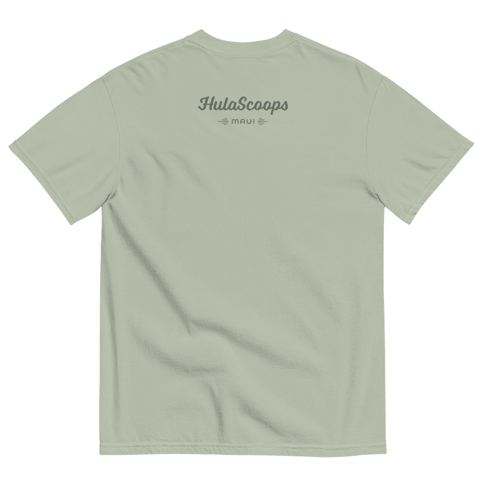 The back of a gray-green short sleeve t-shirt printed with the HulaScoops logotype and “Maui” at a discrete size between the shoulder blades in darker green type.